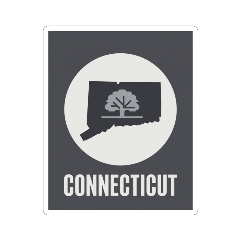Connecticut state tree silhouette sticker, dark background with white circle and CONNECTICUT