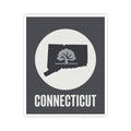 Connecticut state tree silhouette sticker, dark background with white circle and CONNECTICUT