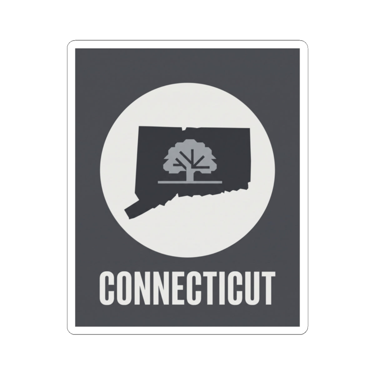 Connecticut state tree silhouette sticker, dark background with white circle and CONNECTICUT