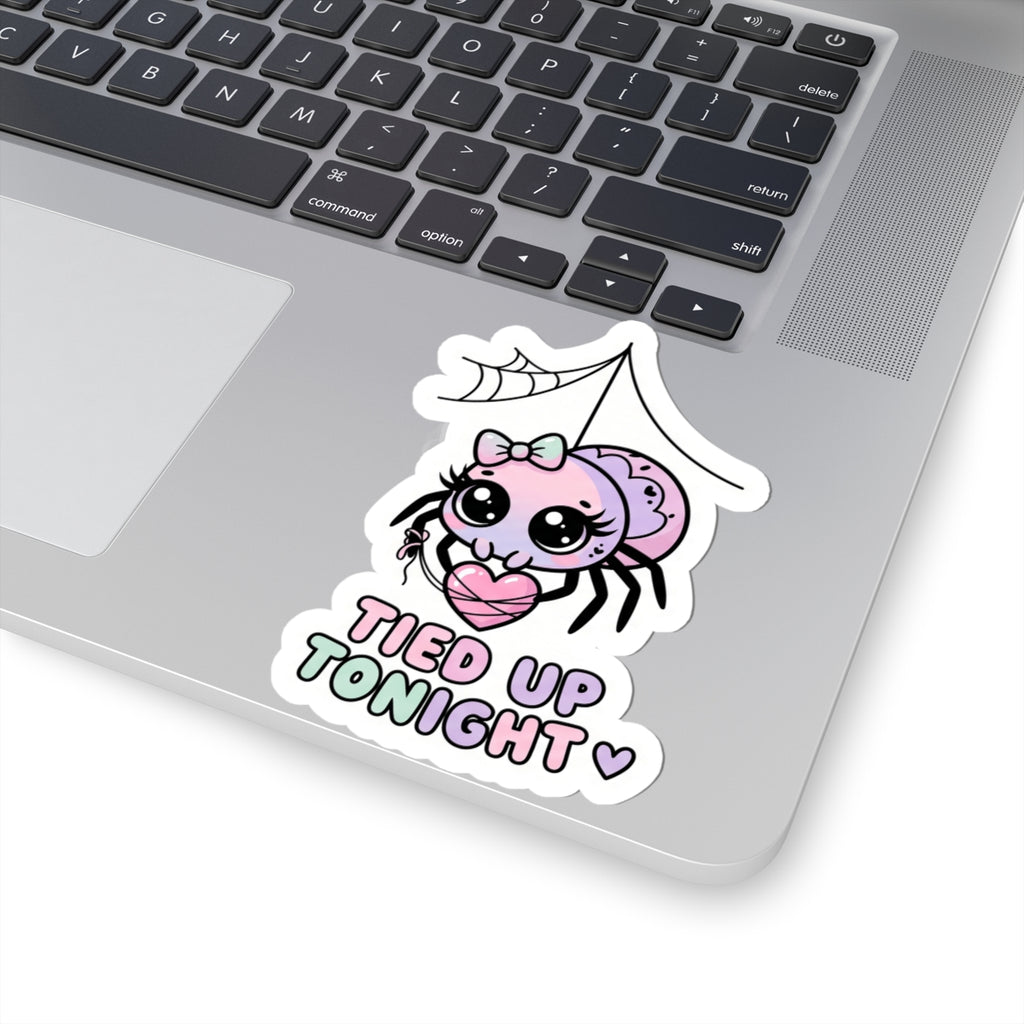 Kiss-cut sticker: pink spider holding a heart with bow, 'TIED UP TONIGHT' text