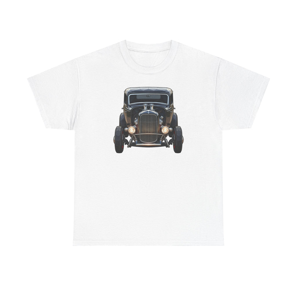 White T-shirt with vintage hot rod car graphic on the chest