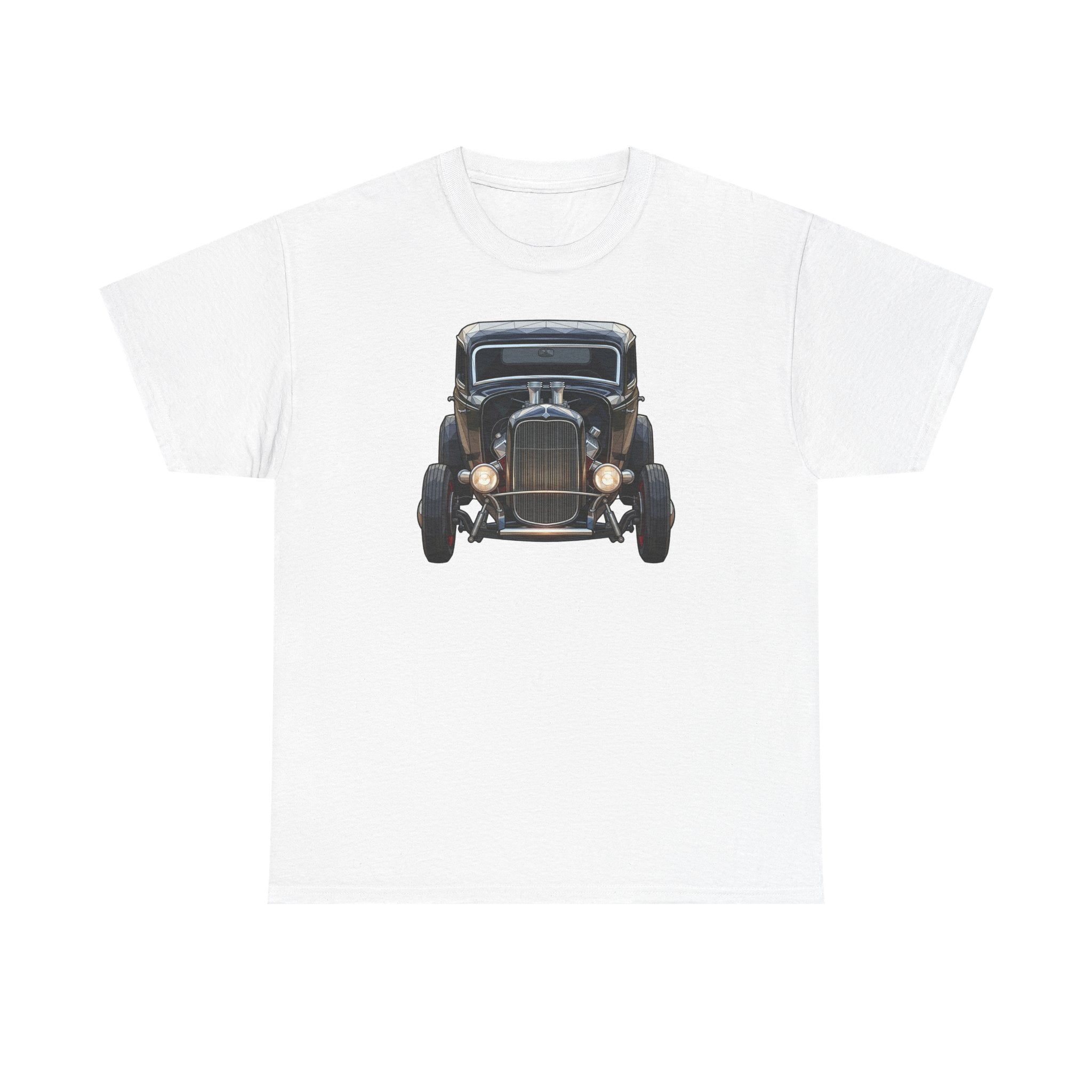 White T-shirt with vintage hot rod car graphic on the chest