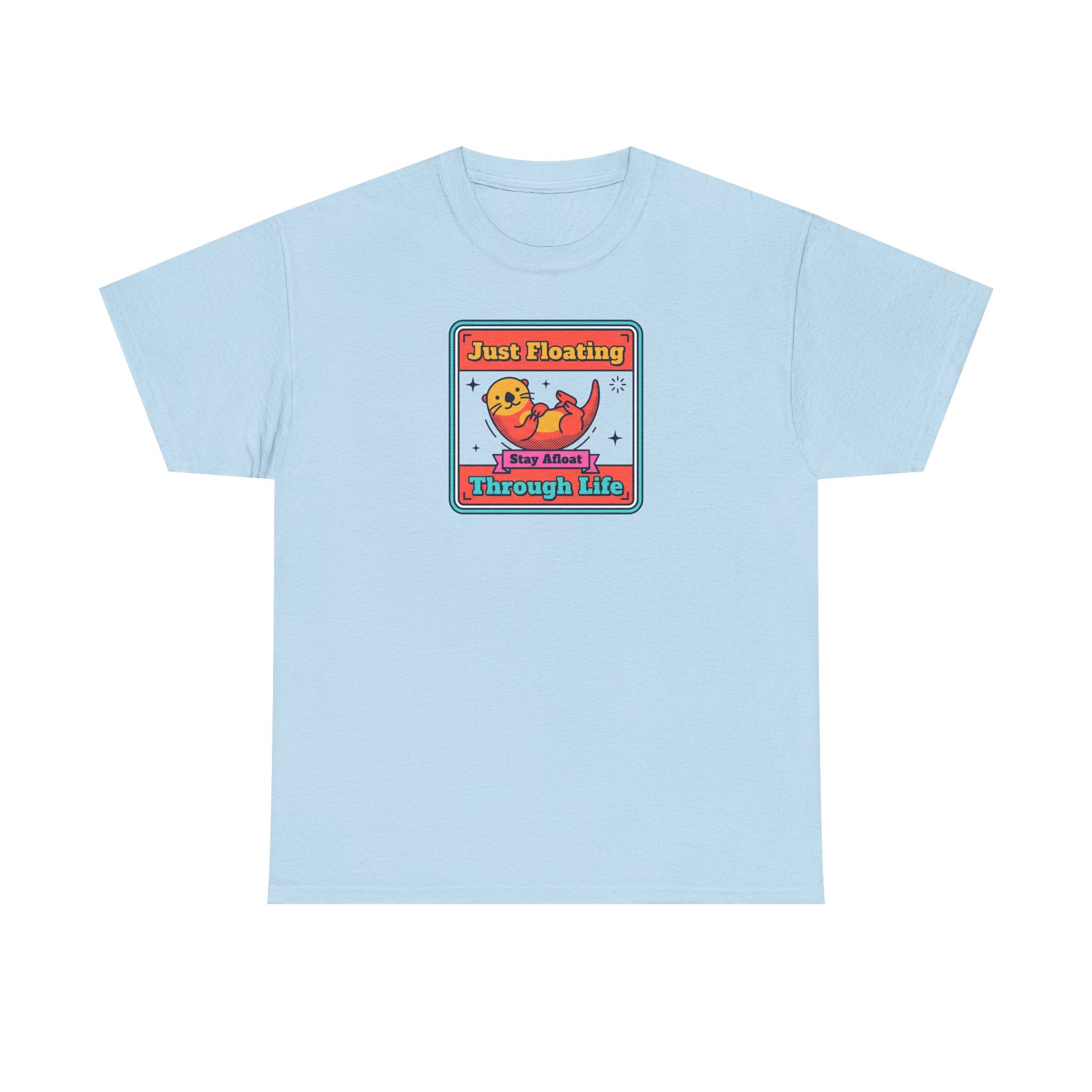 Light blue crewneck T-shirt with framed otter graphic and text on chest