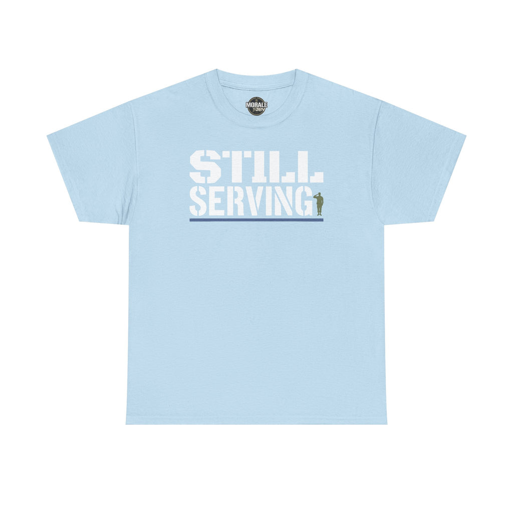Light blue crewneck T-shirt with center “STILL SERVING” graphic