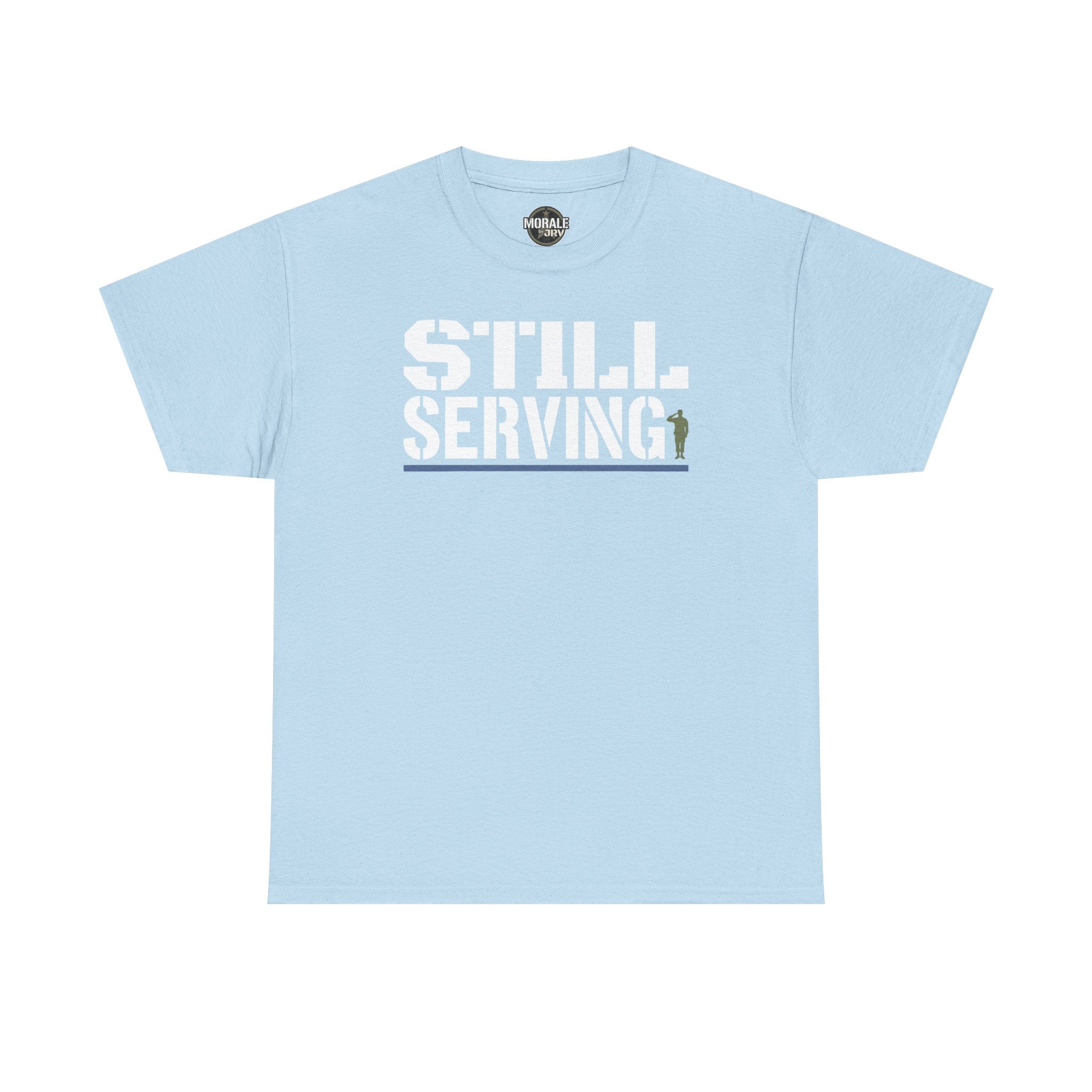 Light blue crewneck T-shirt with center “STILL SERVING” graphic