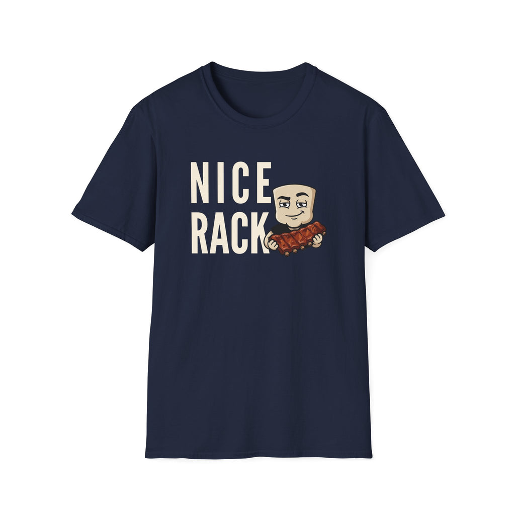 Navy T-shirt with “Nice Rack” graphic and cartoon chef holding ribs