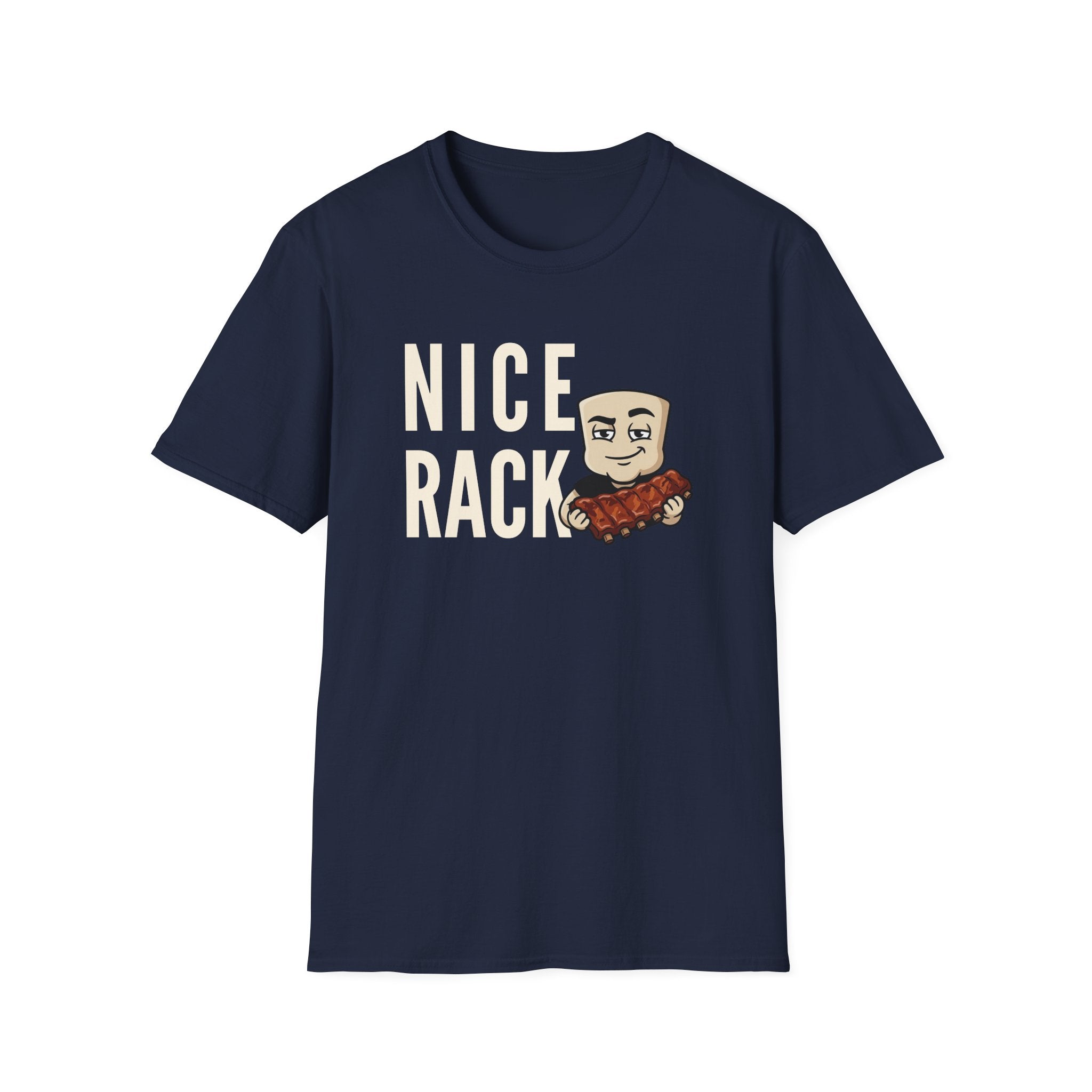 Navy T-shirt with “Nice Rack” graphic and cartoon chef holding ribs