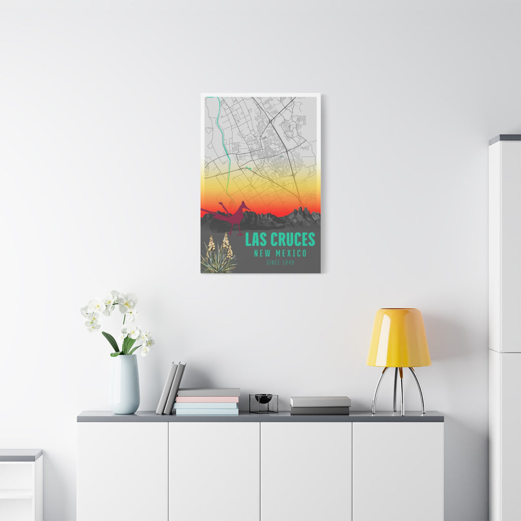 Las Cruces New Mexico map canvas above sideboard, sunset map design and 'Las Cruces' logo