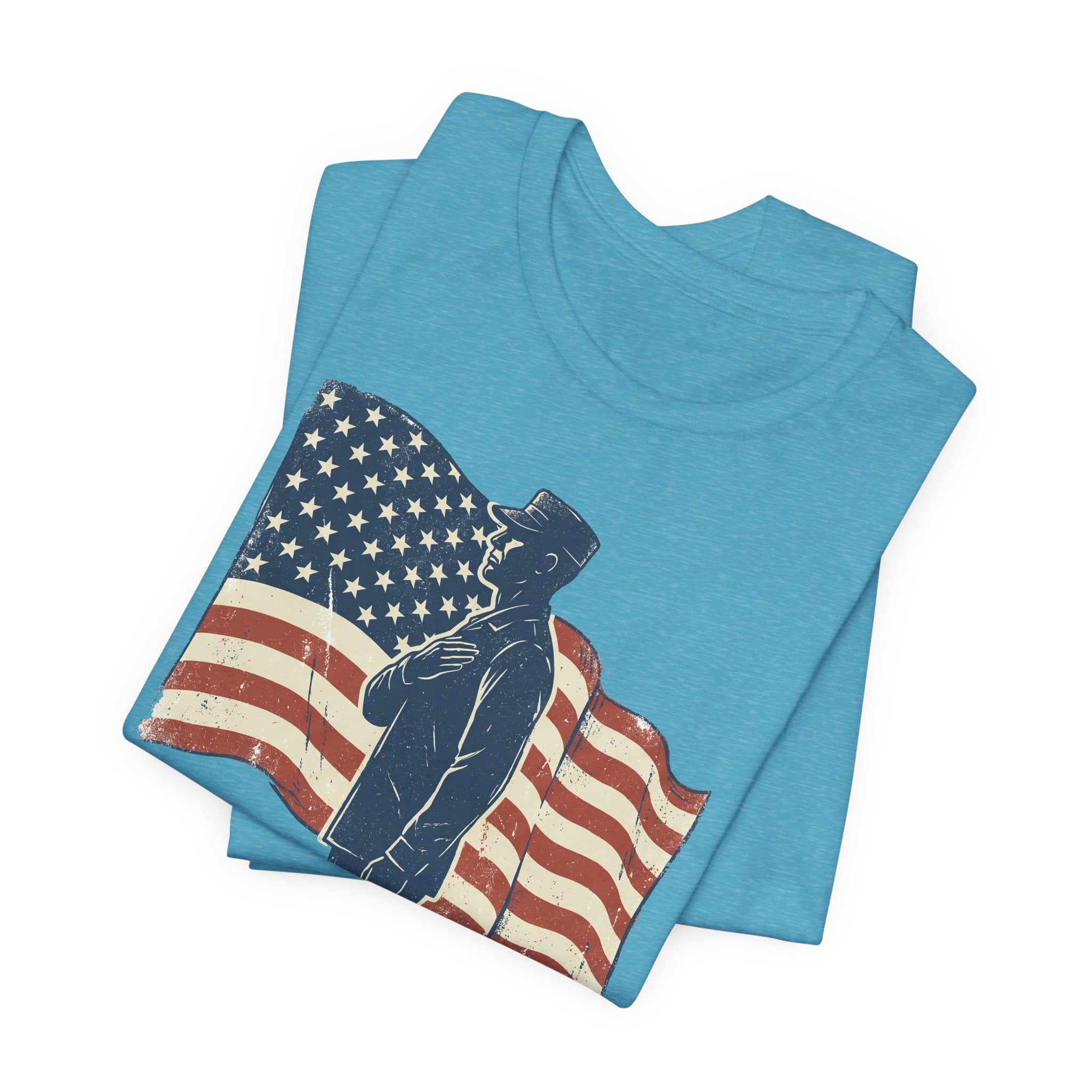 Turquoise crew-neck T-shirt with saluting soldier and American flag graphic