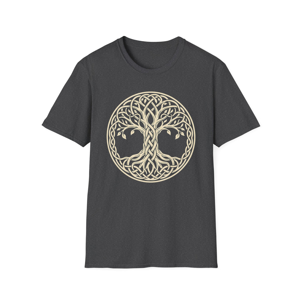 Dark gray short-sleeve T-shirt with gold Celtic tree knot graphic