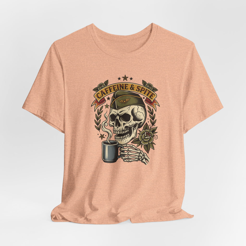 Peach T-shirt with skull, coffee cup, and “Caffeine & Spite” crest graphic