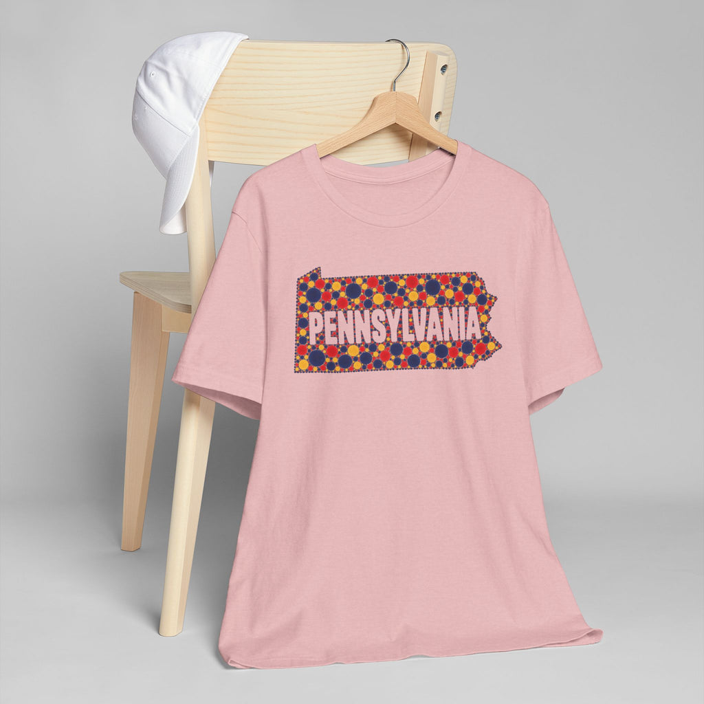 Dusty pink crewneck T-shirt with colorful Pennsylvania graphic print