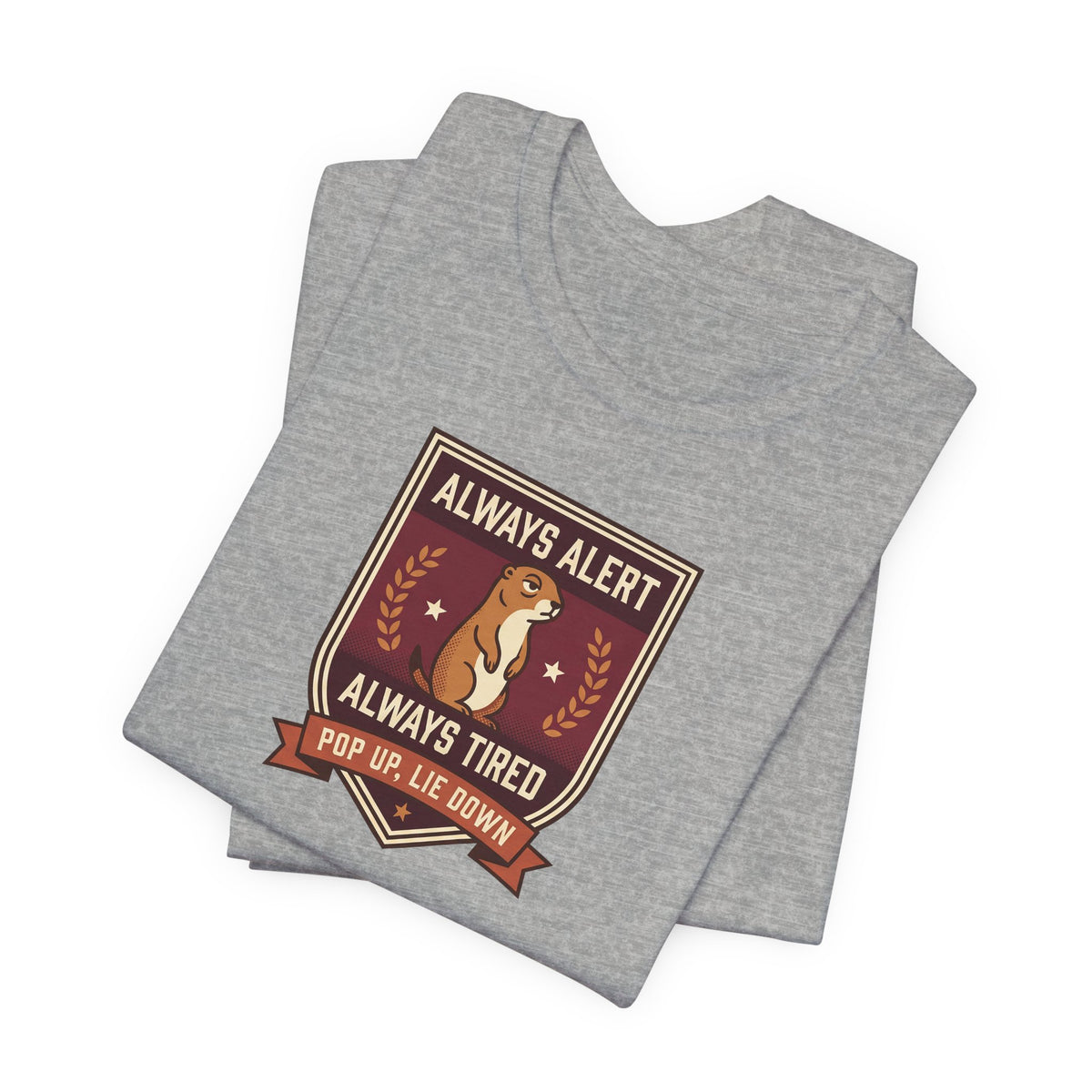Dark grey crew-neck t-shirt with squirrel crest badge graphic on front