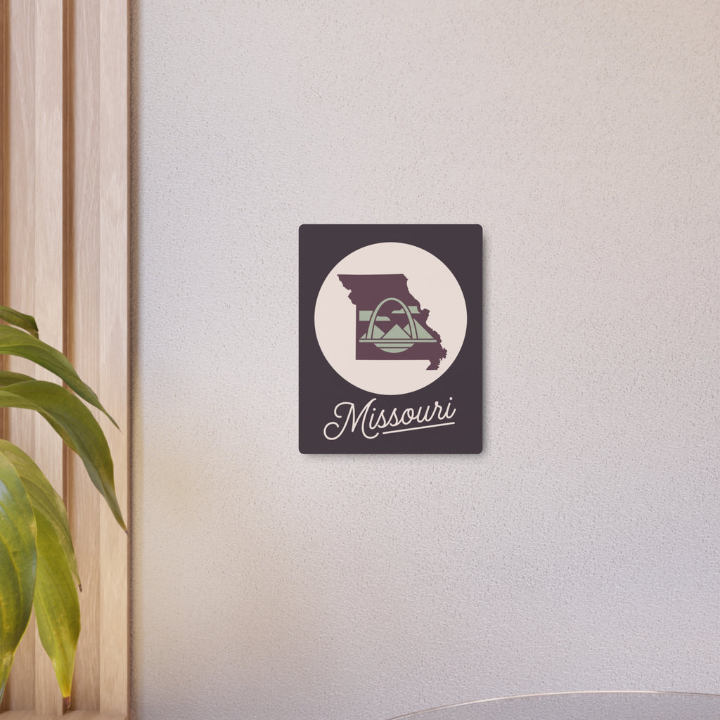 Mauve square metal wall art showing Missouri silhouette emblem with script "Missouri"