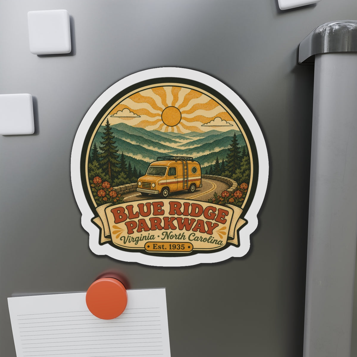Die-cut scenic Blue Ridge Parkway camper van fridge magnet with sunrise sky and road