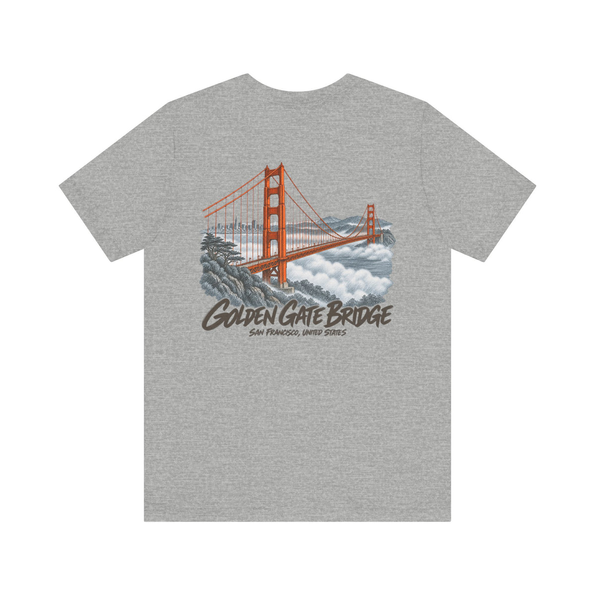 Heather gray T-shirt with Golden Gate Bridge graphic print on the chest