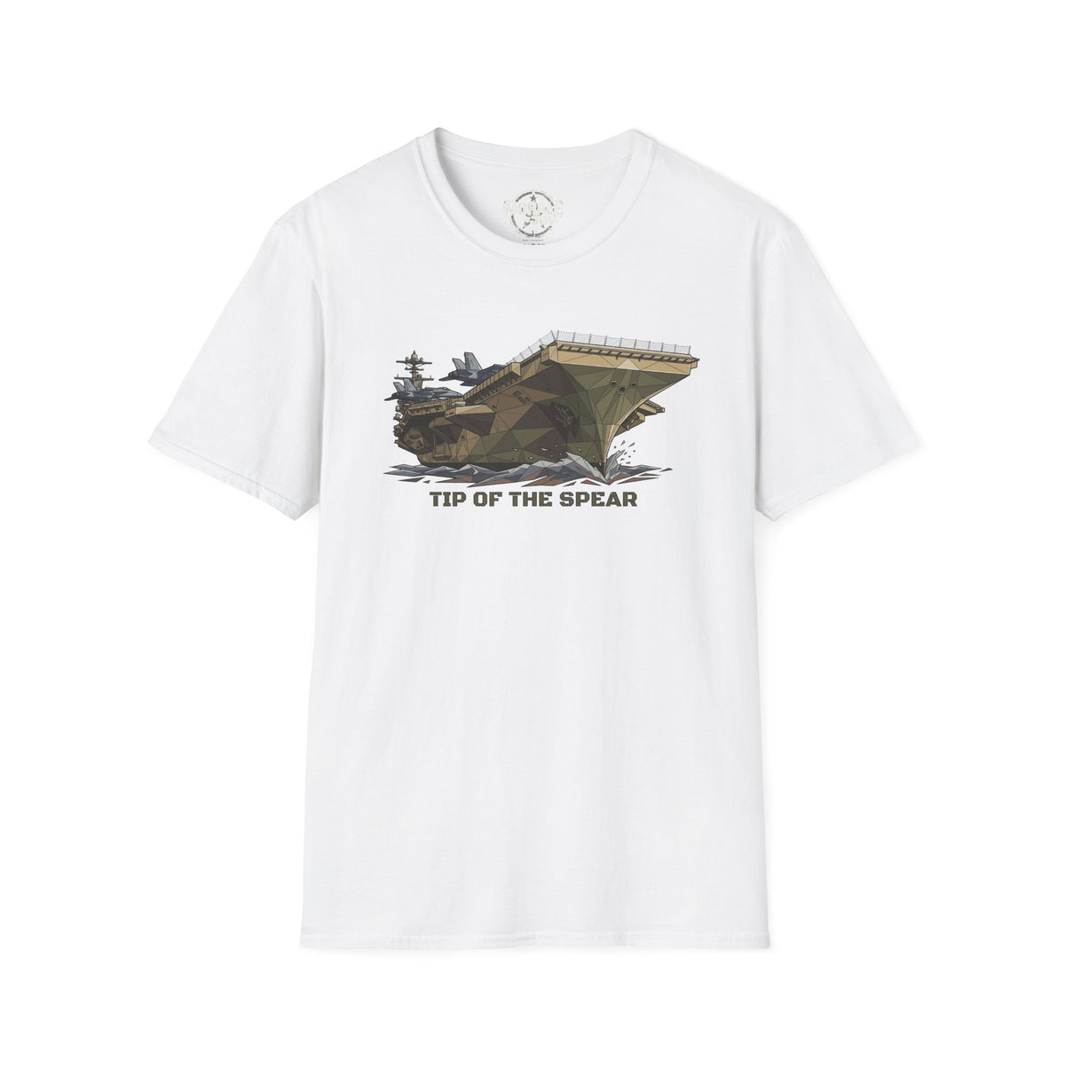 White military tank T-shirt with centered front tank graphic and 'TIP OF THE SPEAR' text