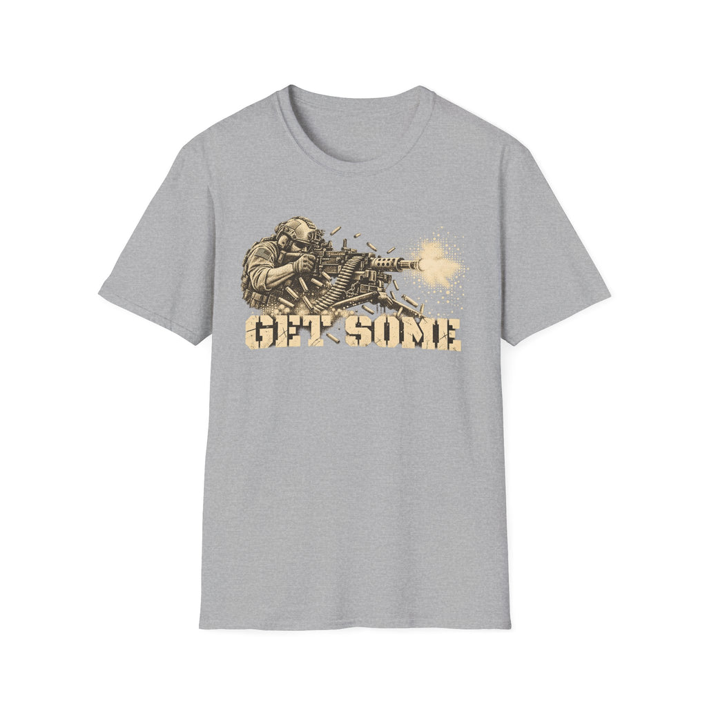 Light heather gray crewneck graphic T-shirt with vintage soldier and gun print