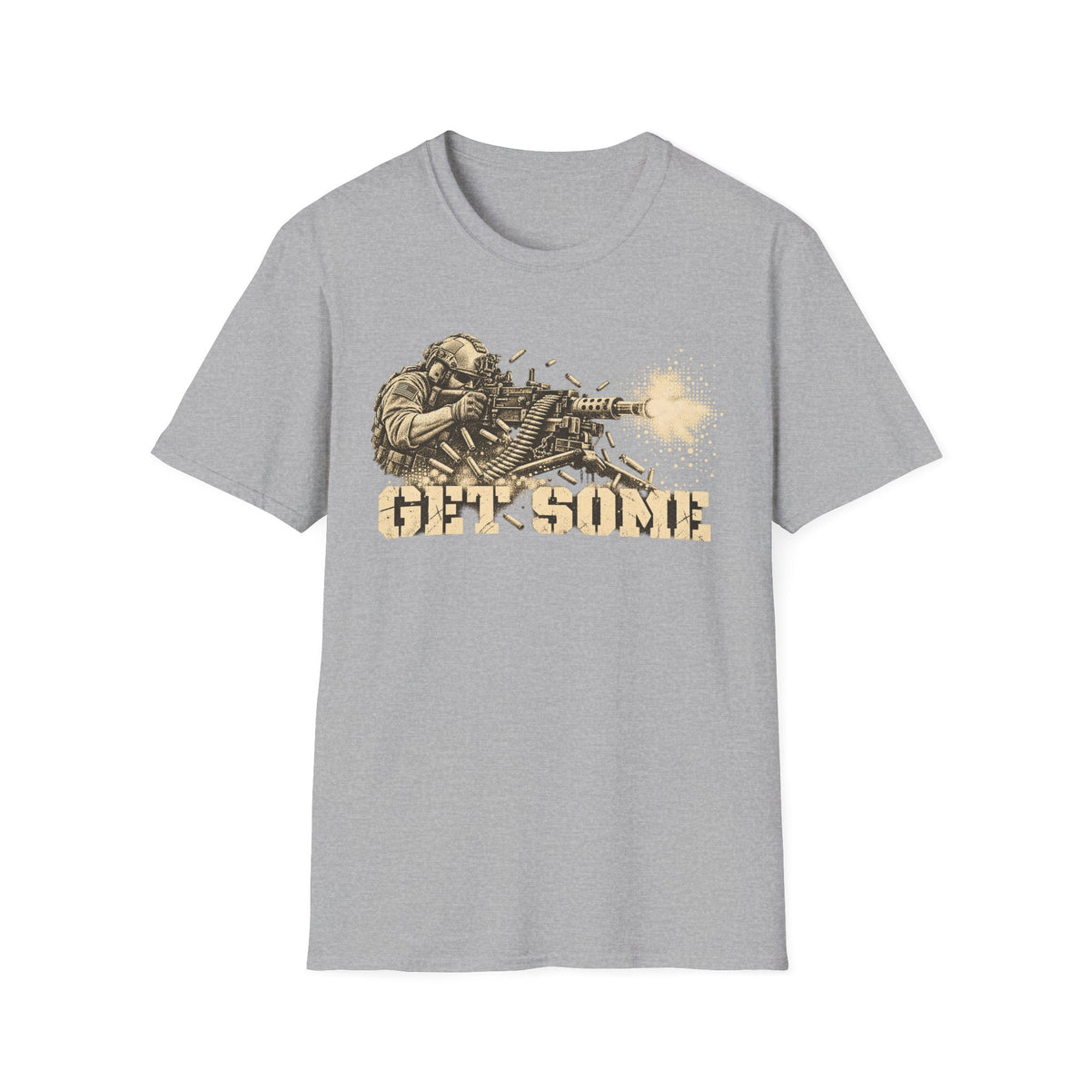 Light heather gray crewneck graphic T-shirt with vintage soldier and gun print