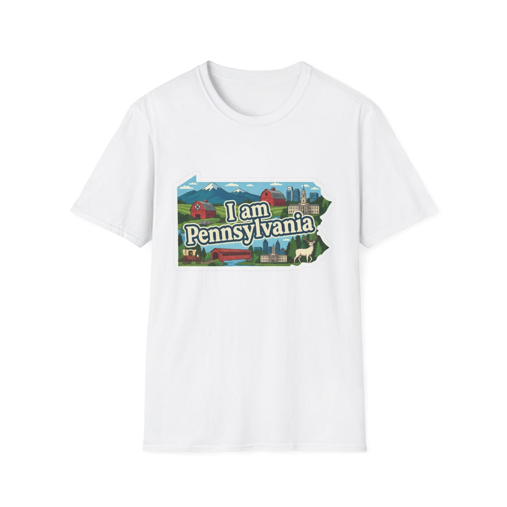 White T-shirt with “I am Pennsylvania” map graphic and landmarks front print