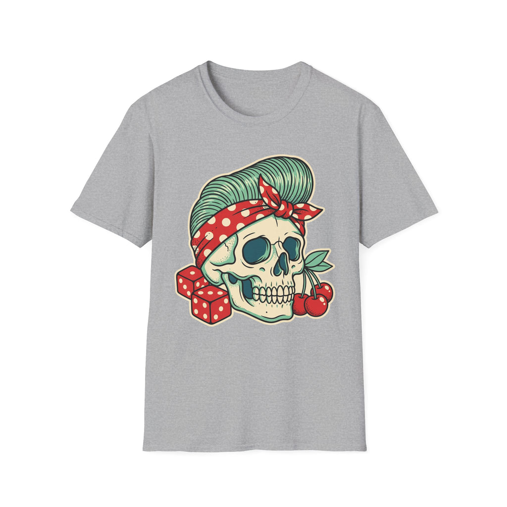 Gray rockabilly T-shirt with sugar skull graphic, green swirled hair and red polka-dot bandana