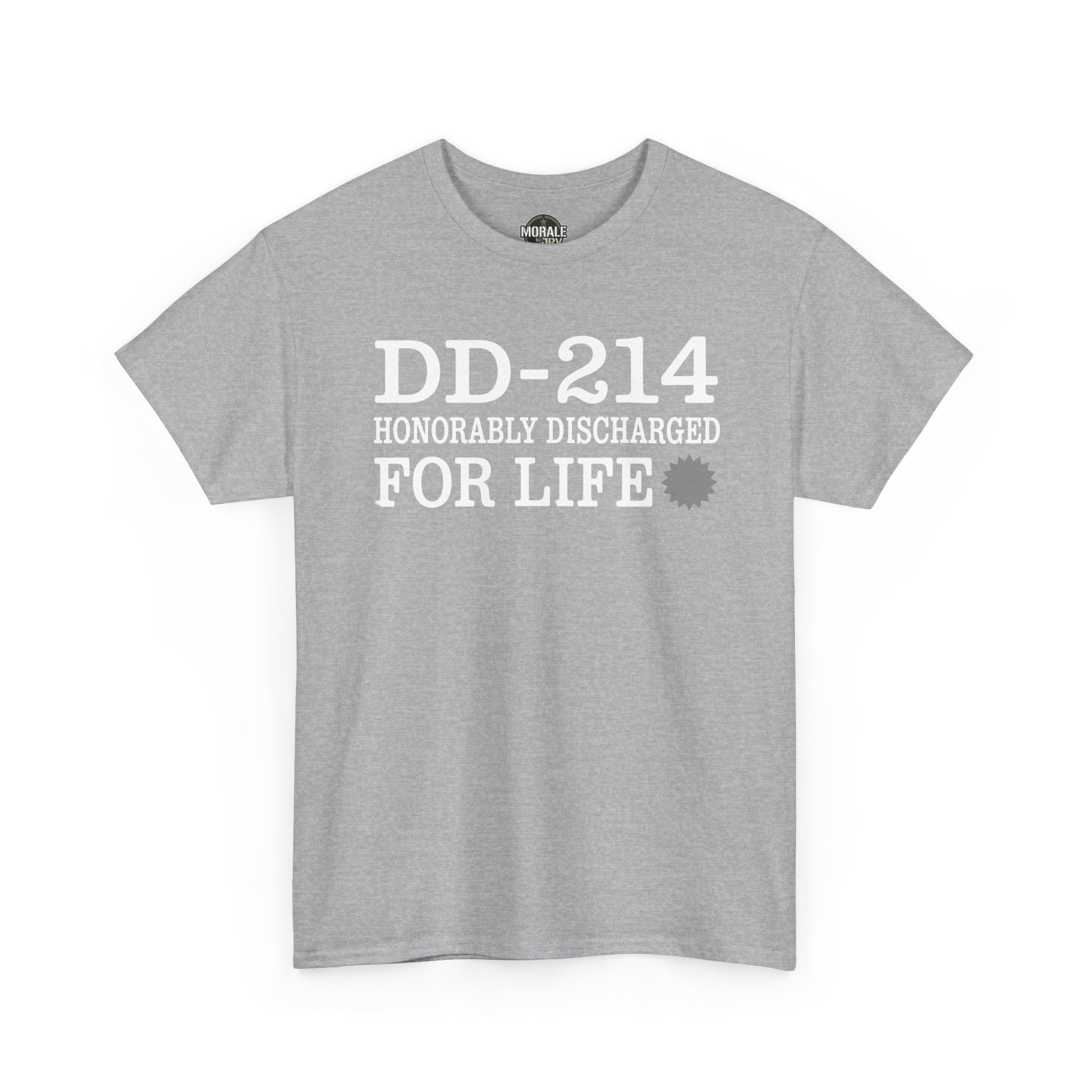 Sport grey crew-neck T-shirt with DD-214 HONORABLY DISCHARGED FOR LIFE text