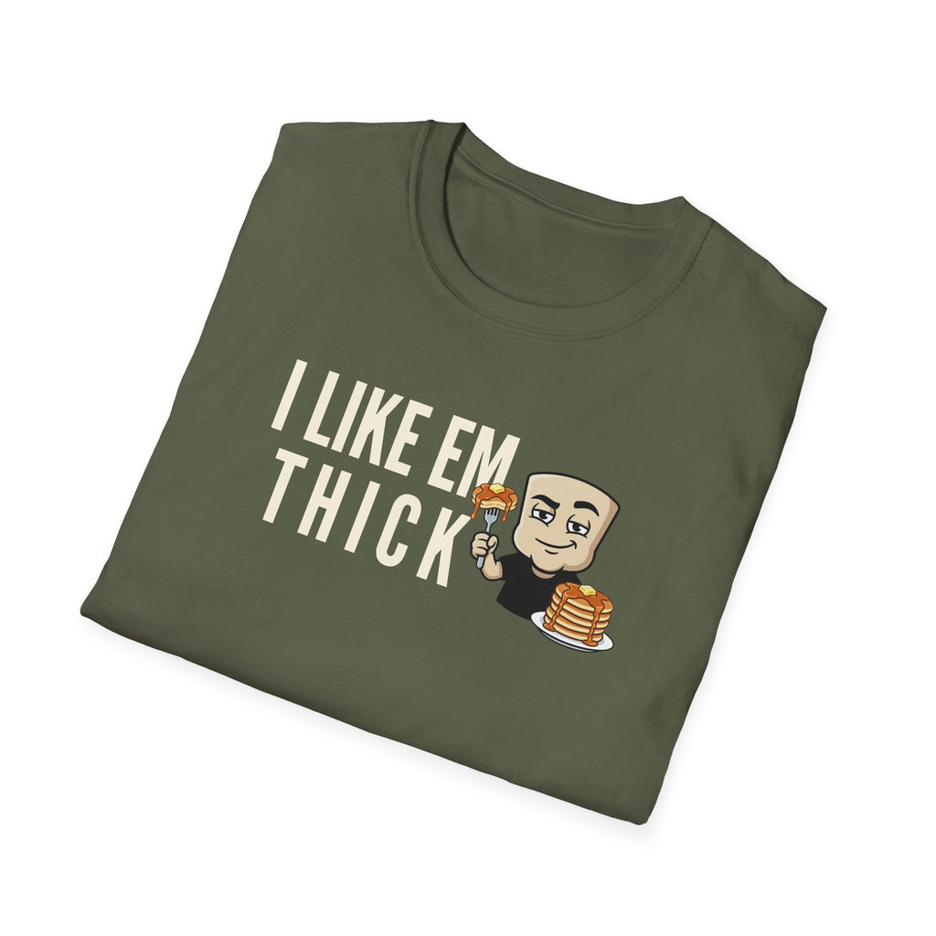Olive green T-shirt with 'I LIKE EM THICK' graphic and cartoon holding a pancake stack
