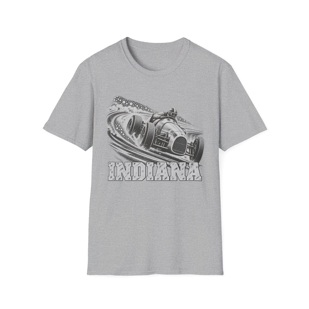 Light gray T-shirt with vintage open-wheel race car and Indiana graphic on chest