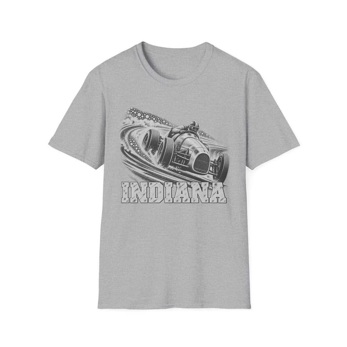 Light gray T-shirt with vintage open-wheel race car and Indiana graphic on chest