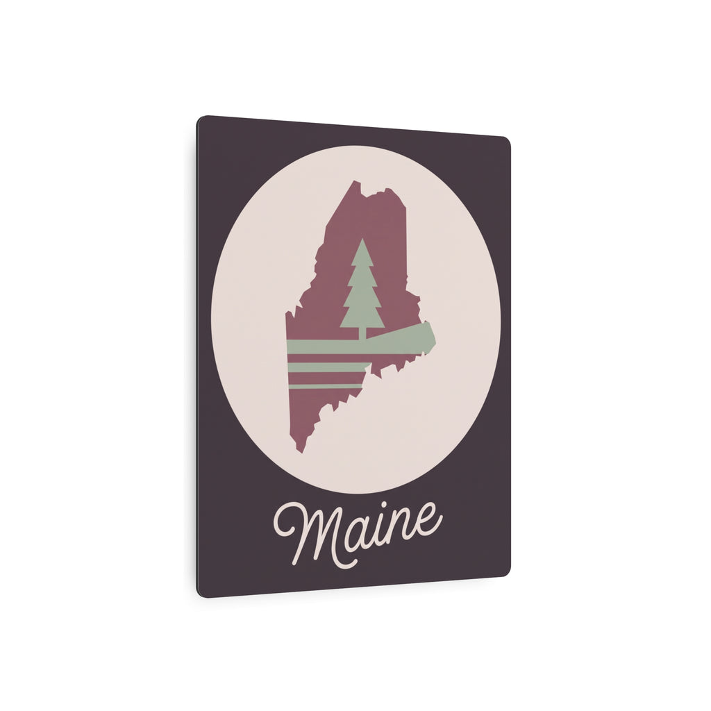 Maine pine tree metal wall art sign, dark square with circular emblem and script