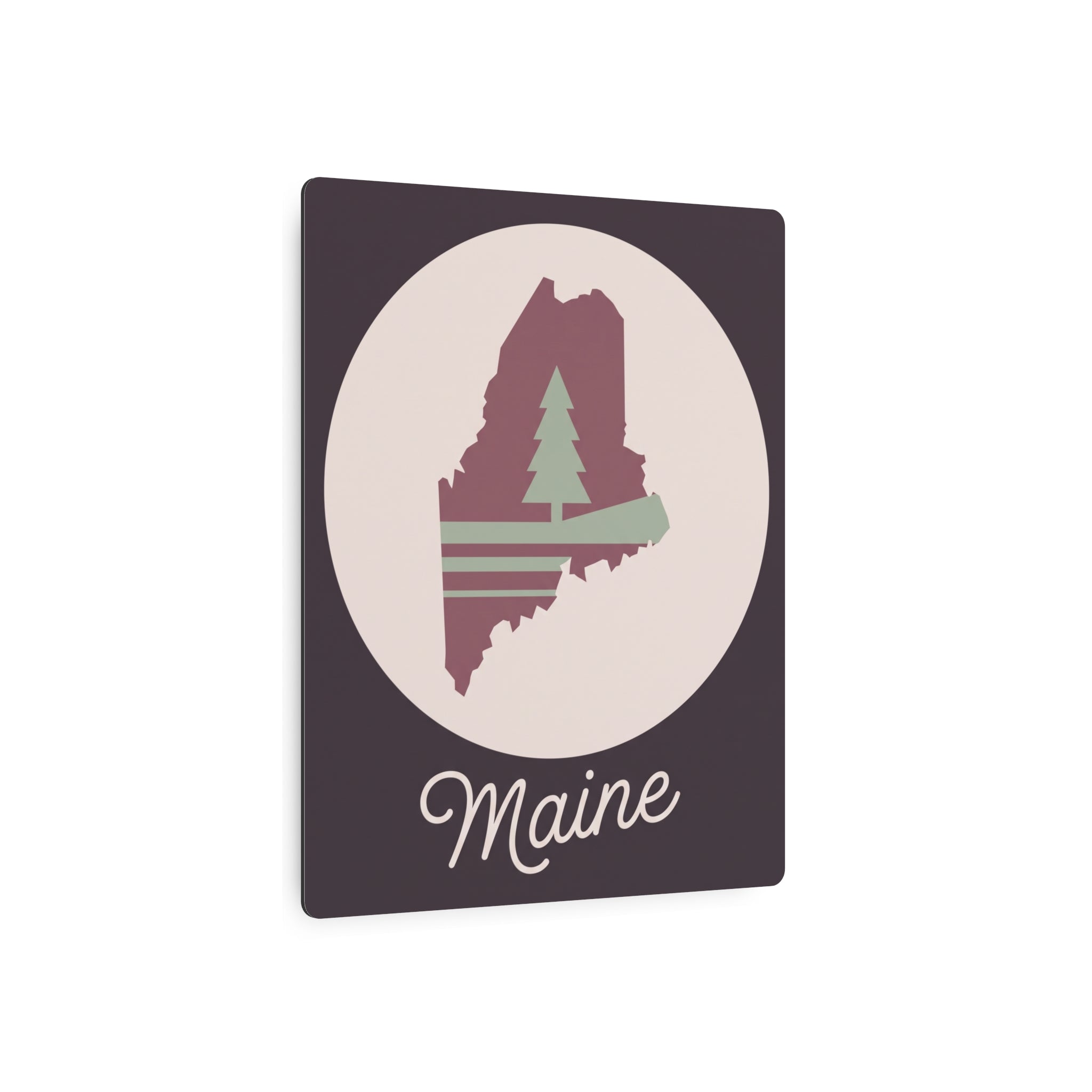 Maine pine tree metal wall art sign, dark square with circular emblem and script