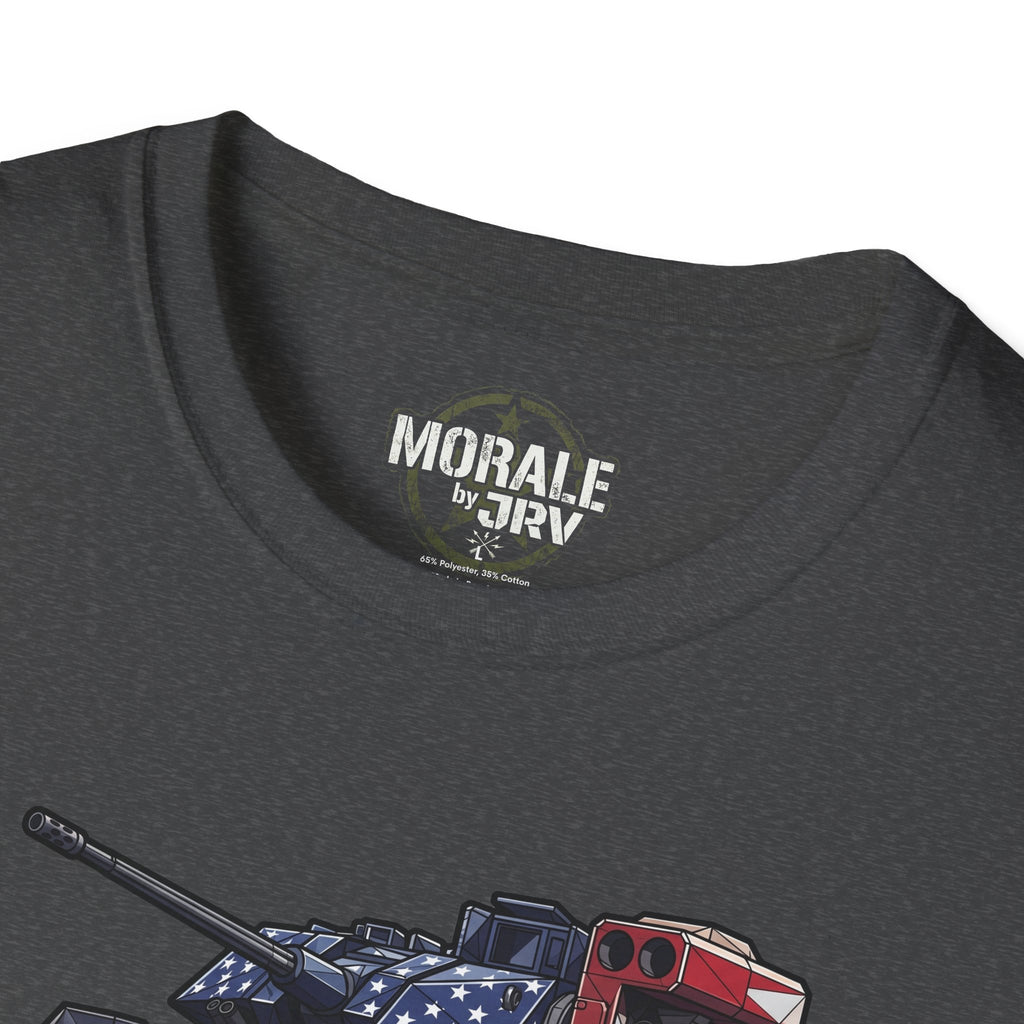 Dark gray T-shirt back with 'MORALE by TRV' logo and tank artwork
