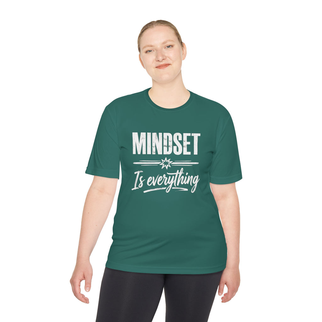 Mindset Is Everything T-shirt in dark green, white motivational typography on the front.