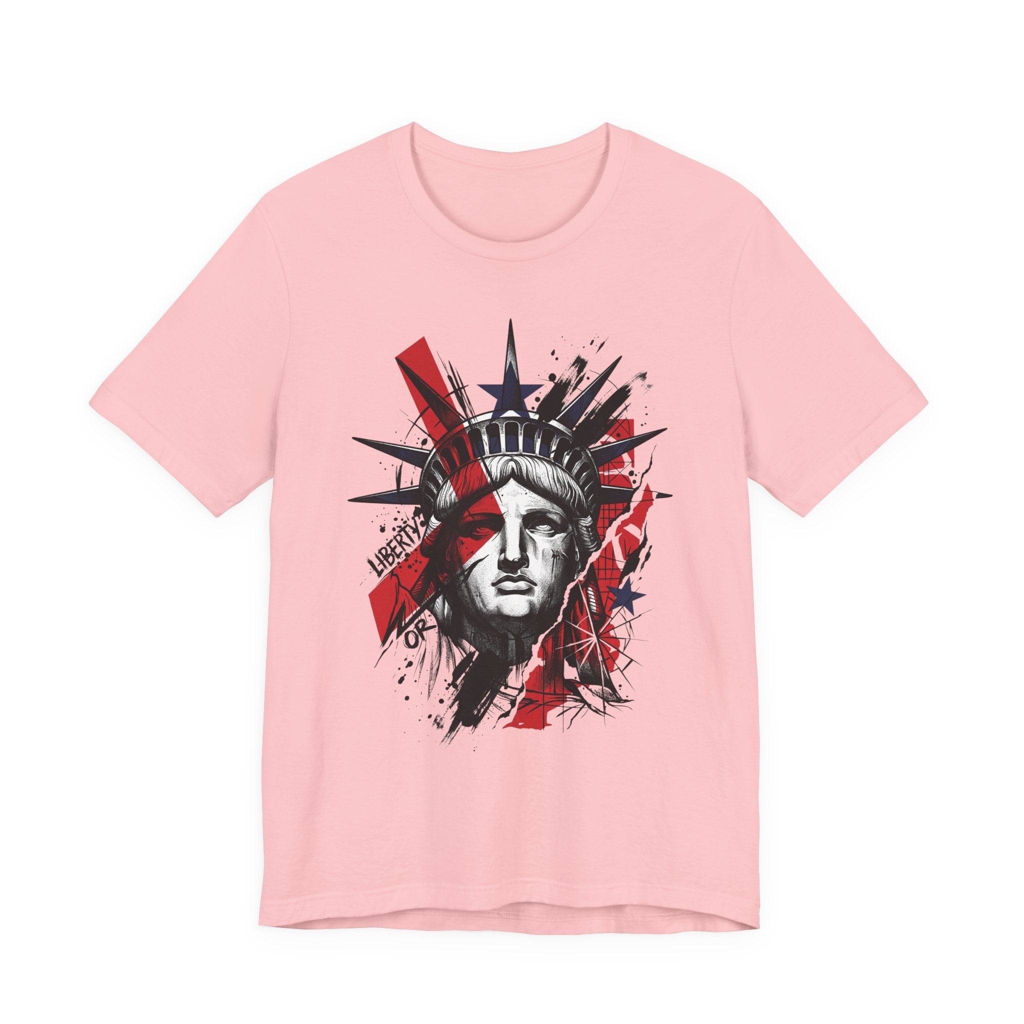 Light pink graphic T-shirt with Statue of Liberty head illustration in red and black