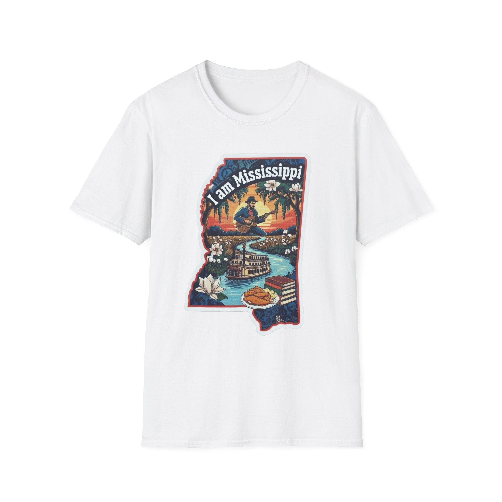 White T-shirt with colorful Mississippi state graphic, riverboat and magnolia flowers