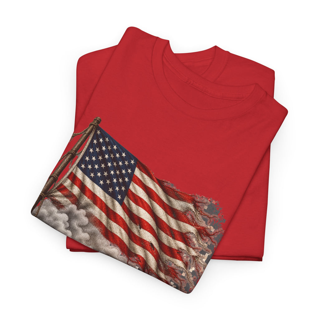 Red crewneck t-shirt with weathered American flag graphic on front.