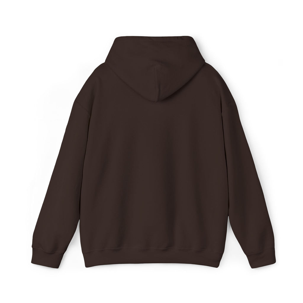 Unisex dark brown hoodie back view with hood and front pocket