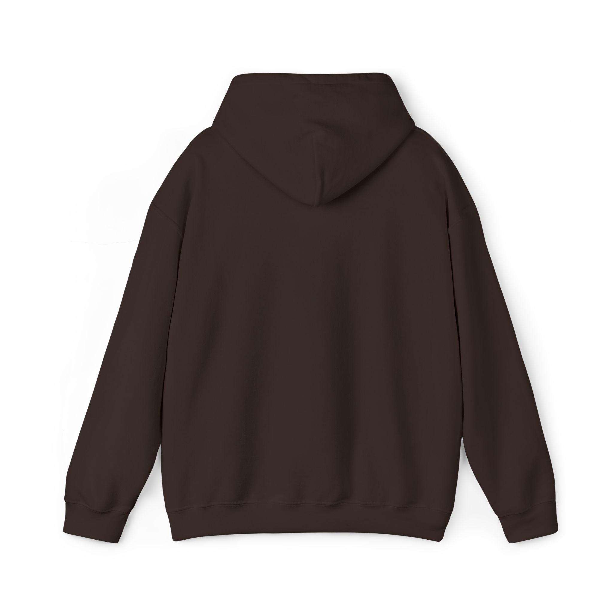 Unisex dark brown hoodie back view with hood and front pocket