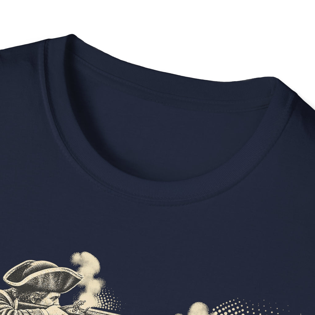 Navy crewneck T-shirt close-up with front graphic of a colonial figure and musket