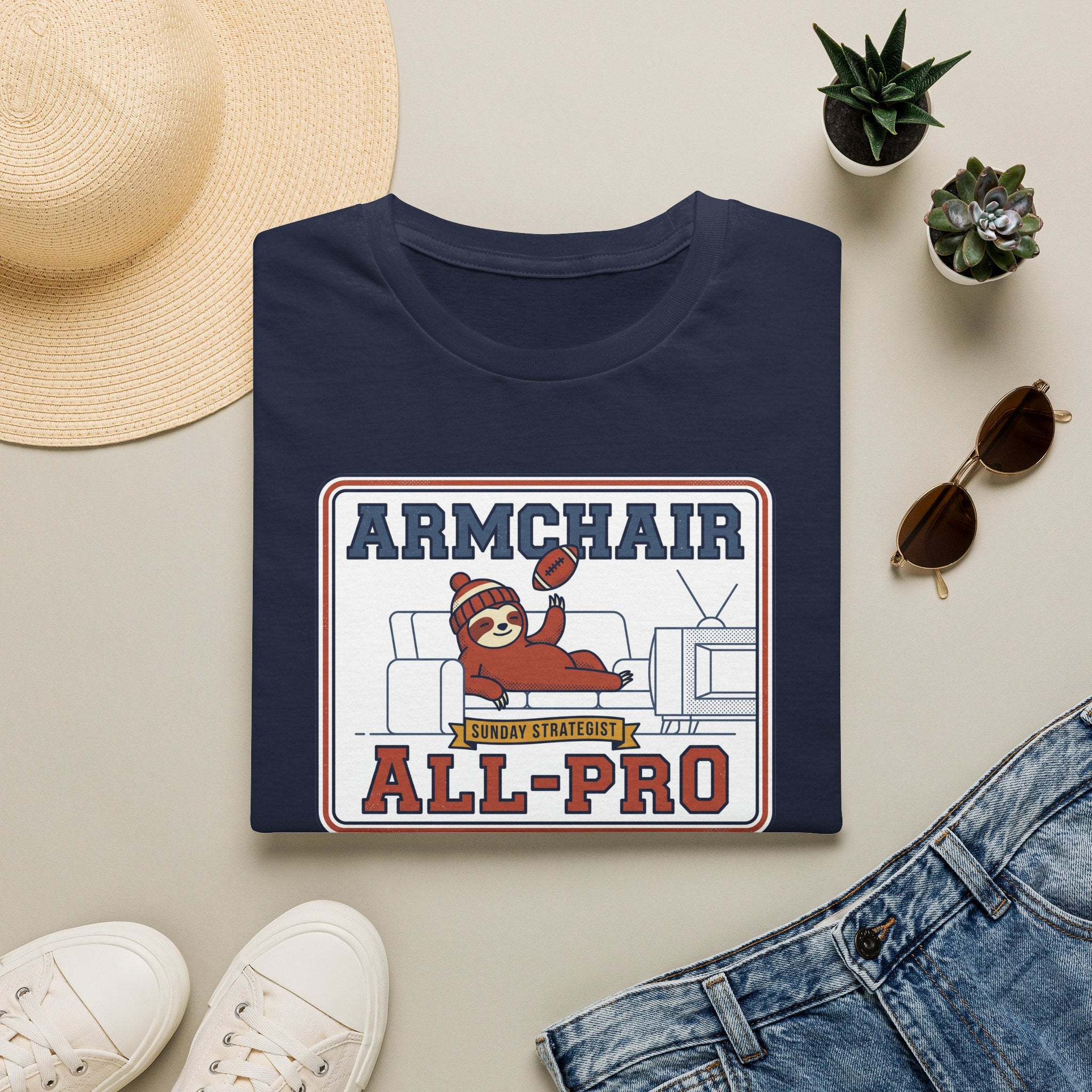 Funny sloth graphic football T-shirt in navy, “Armchair All-Pro” print