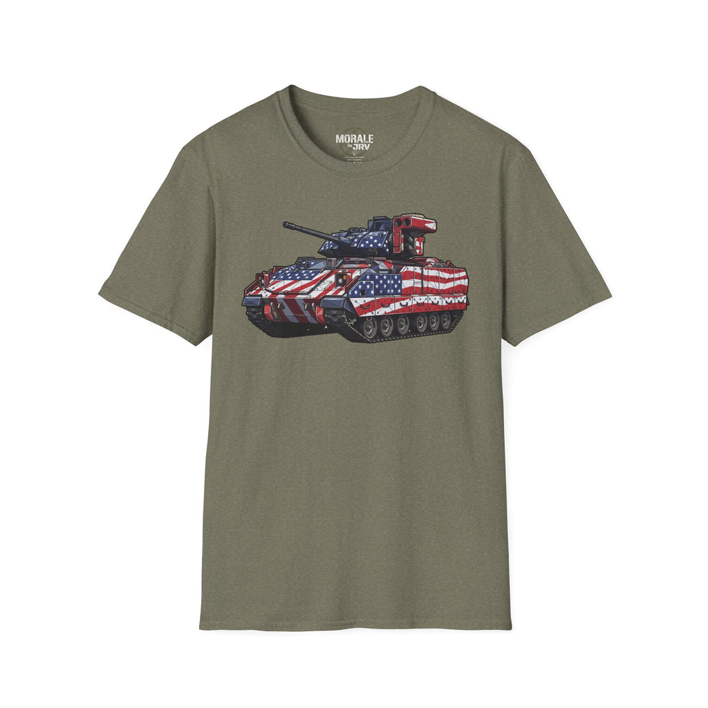 Heather Military Green T-shirt with American-flag military tank graphic on the chest
