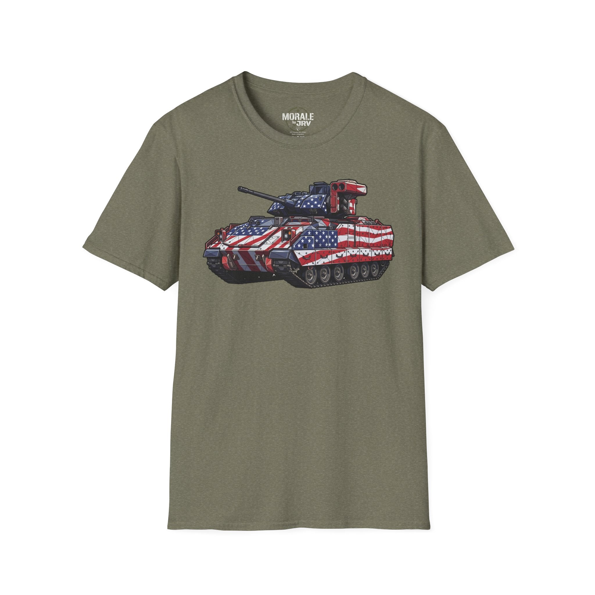 Heather Military Green T-shirt with American-flag military tank graphic on the chest