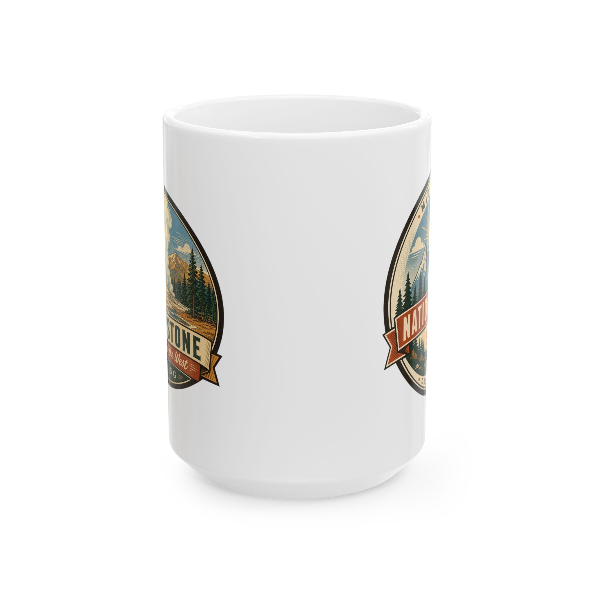 White ceramic mug with Yellowstone-style side badges and landscape artwork, no handle