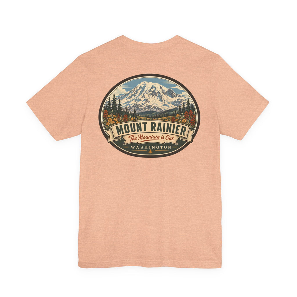 Heather peach crewneck T-shirt with large oval Mount Rainier graphic on chest