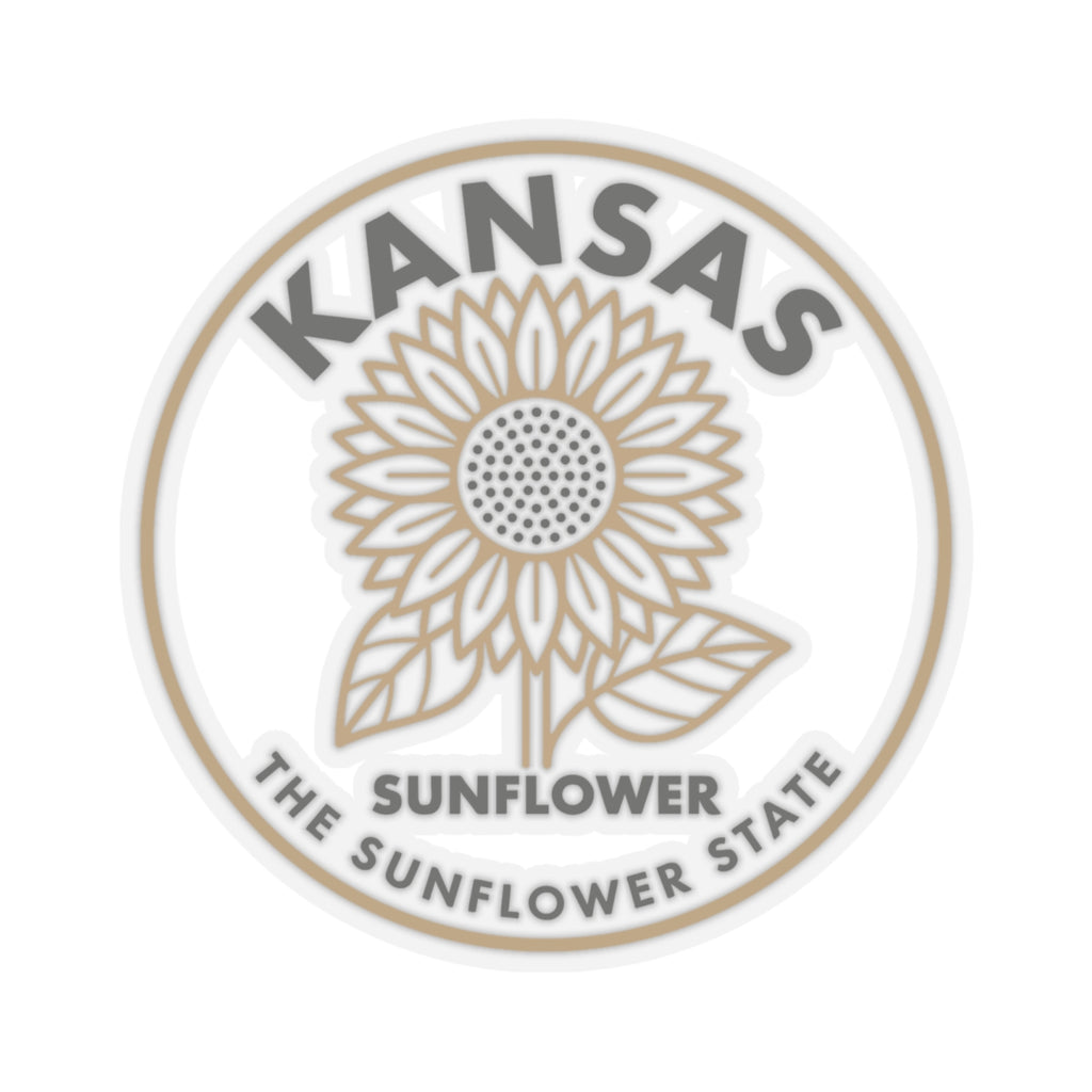 Close-up transparent vinyl sticker showing Kansas sunflower text and icon
