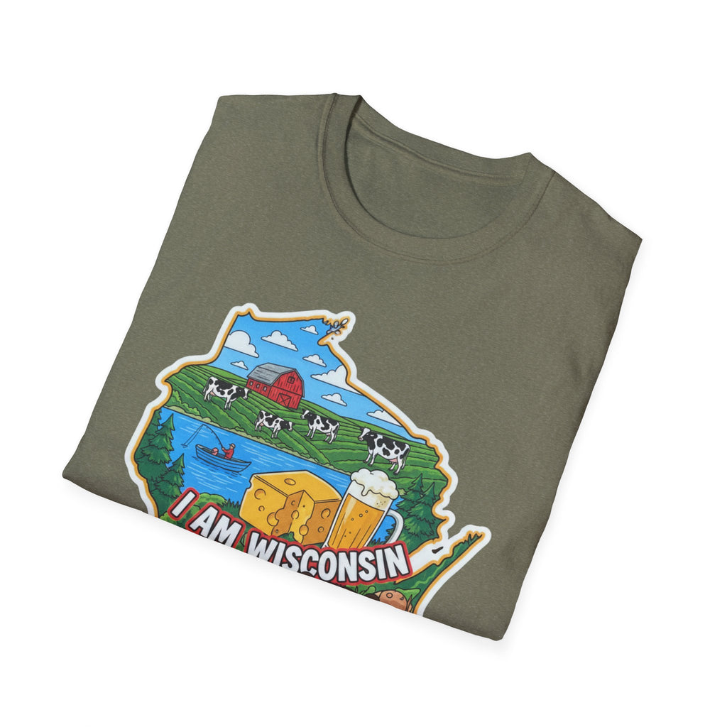 Olive green Wisconsin state map T-shirt with cheese, farm, and “I AM WISCONSIN” print