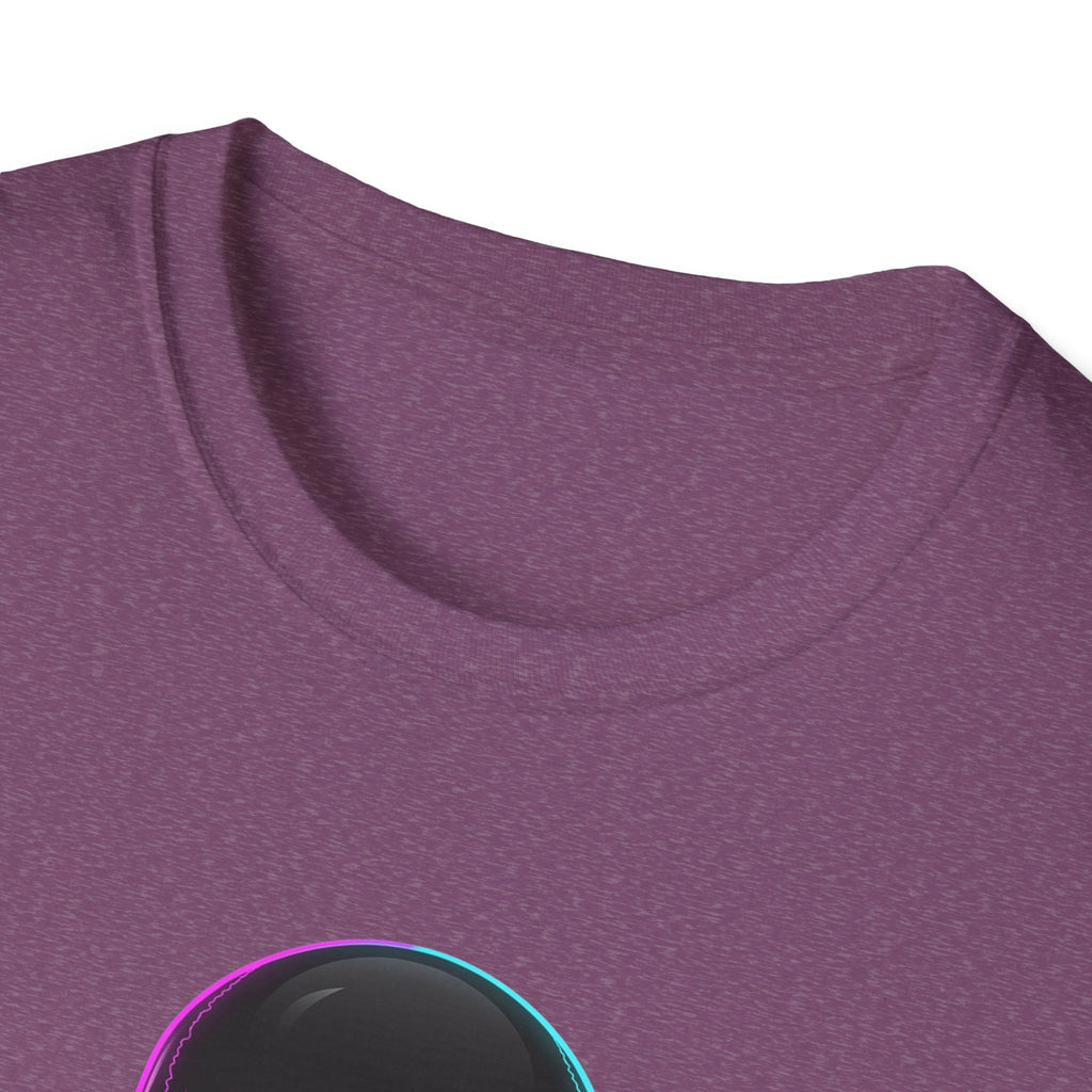 Heather purple T-shirt neckline with neon outline from skull graphic