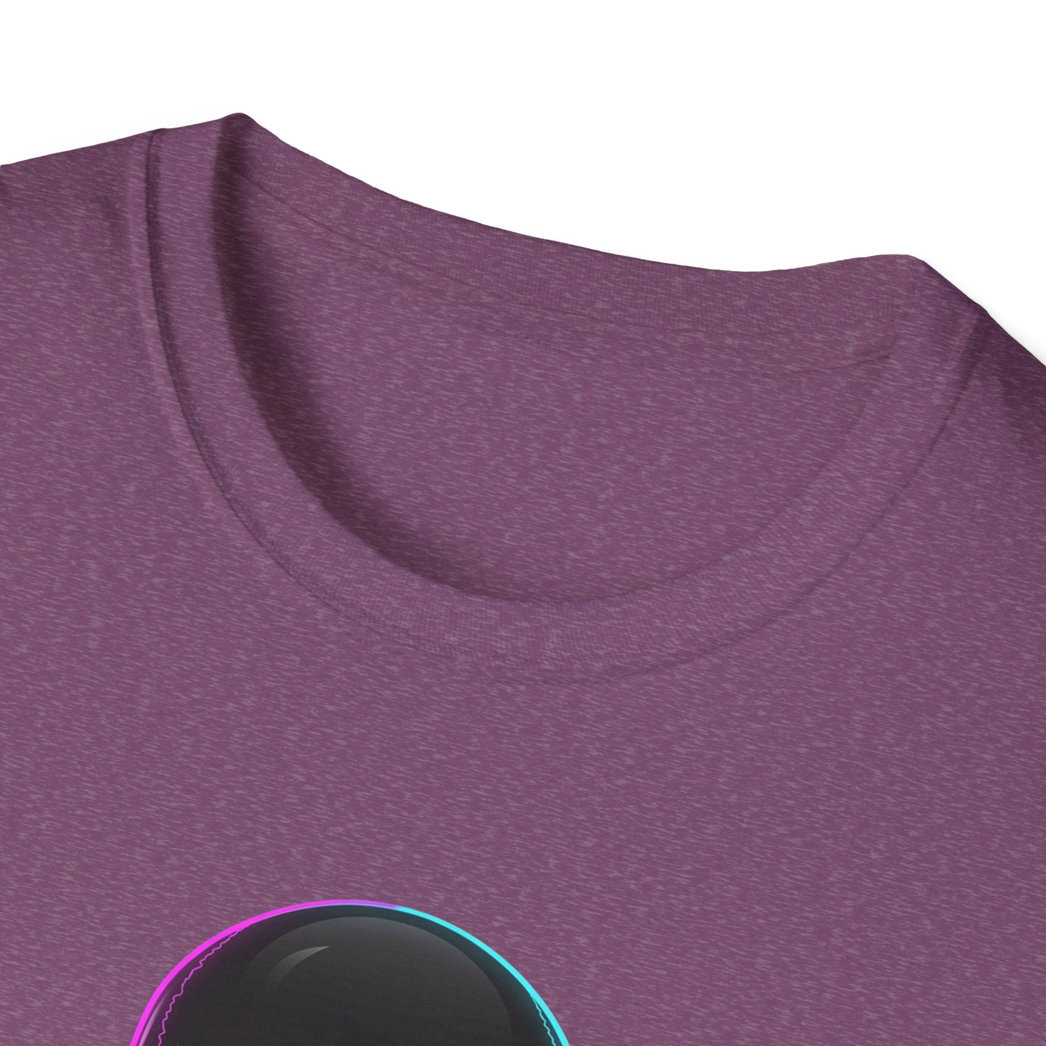 Heather purple T-shirt neckline with neon outline from skull graphic