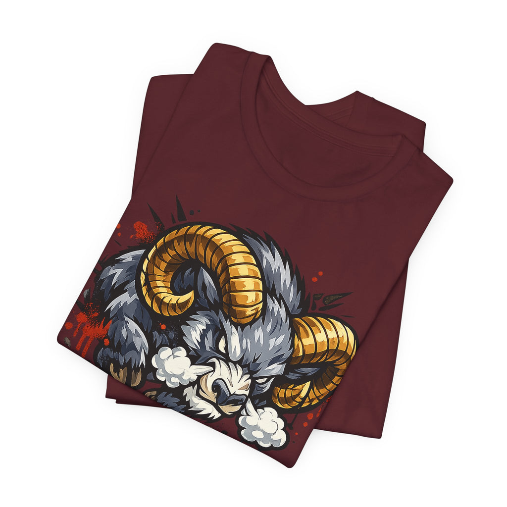 Maroon t-shirt with charging ram head graphic, gold horns and red splatter accents