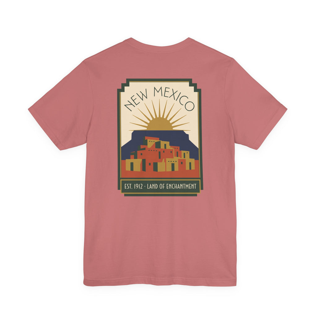 Dusty rose T-shirt with New Mexico sunset Pueblo art graphic in a square frame